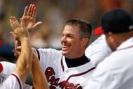 Chicago Cubs v Atlanta Braves: ATLANTA, GA - JULY 03: Chipper Jones #10 of the Atlanta Braves reacts after hitting a single in the eighth inning against the Chicago Cubs at Turner Field on July 3, 2012 in Atlanta, Georgia. (Photo by Kevin C. Cox/Getty Images)